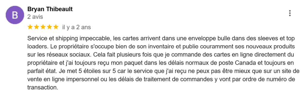 5-star review from Bryan, who praises the service and fast shipping of our trading card store
